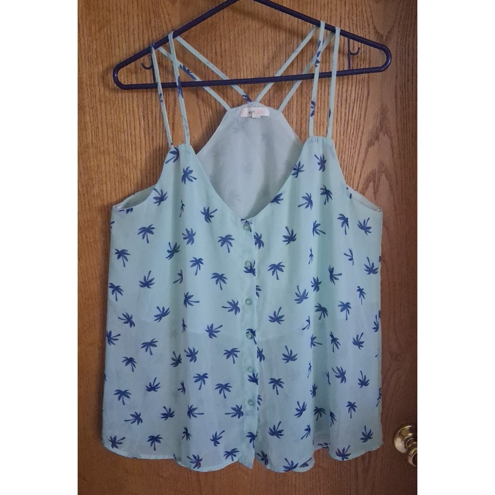Mine Too Plus Size Blue Partially Sheer Palm Trees Racerback Tank Top 1XL